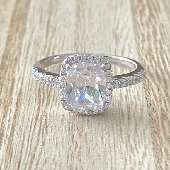 Radiant White Sapphire Halo Ring - Platinum Plated - Picture 1 of 5